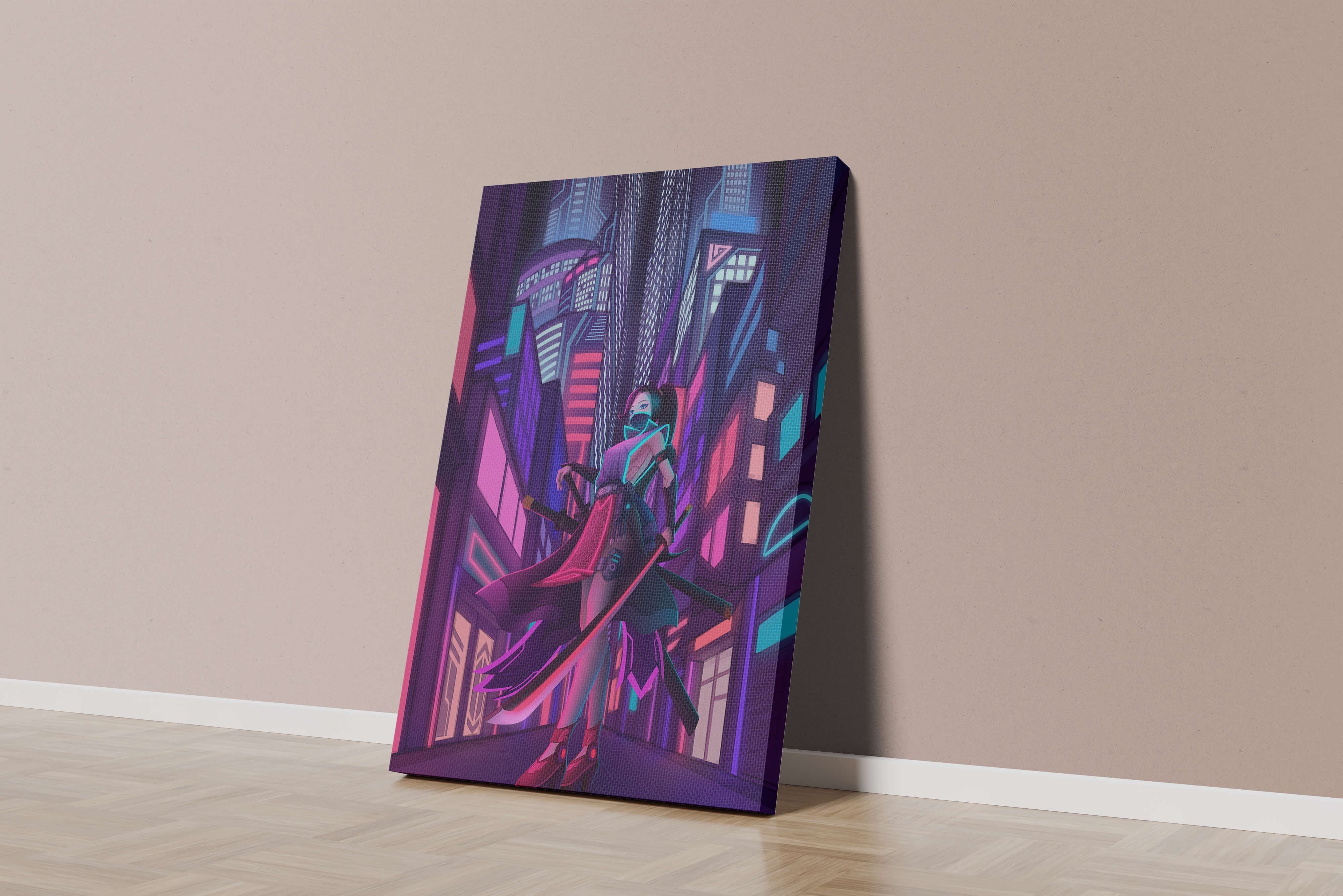 Futuristic cyberpunk cityscape with a female character and neon lights