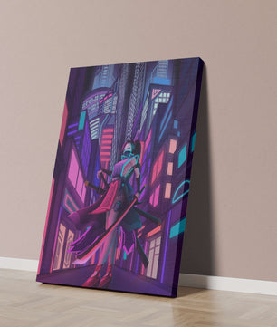 Paisaje urbano futurista de cibercpunk con una protagonista femenina y luces de neón