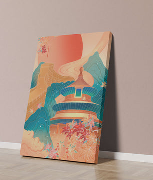 Illustration of Chinese architecture with the Great Wall and nature elements