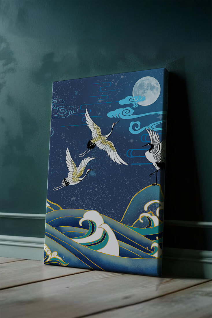 A Serene Night Scene with Cranes and Waves in Traditional Japanese Art Style