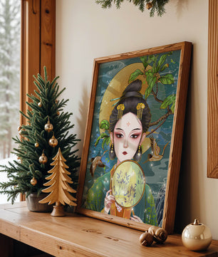 Elegante representación de una mujer con atuendo tradicional sosteniendo un abanico decorativo