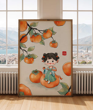 Illustration of a girl sitting on a persimmon surrounded by fruit and leaves