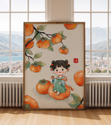 Illustration of a girl sitting on a persimmon surrounded by fruit and leaves