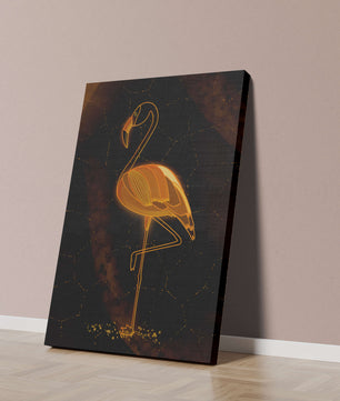 Elegant golden flamingo on abstract dark background