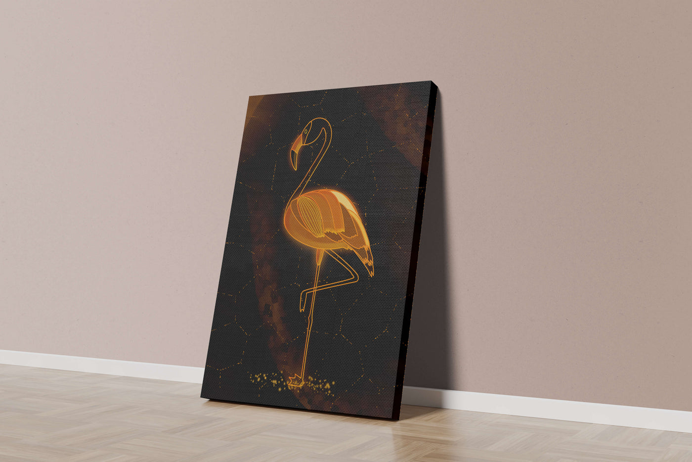 Elegant golden flamingo on abstract dark background