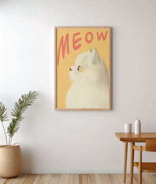 Profile View of a White Cat with Meow Text on Yellow Background