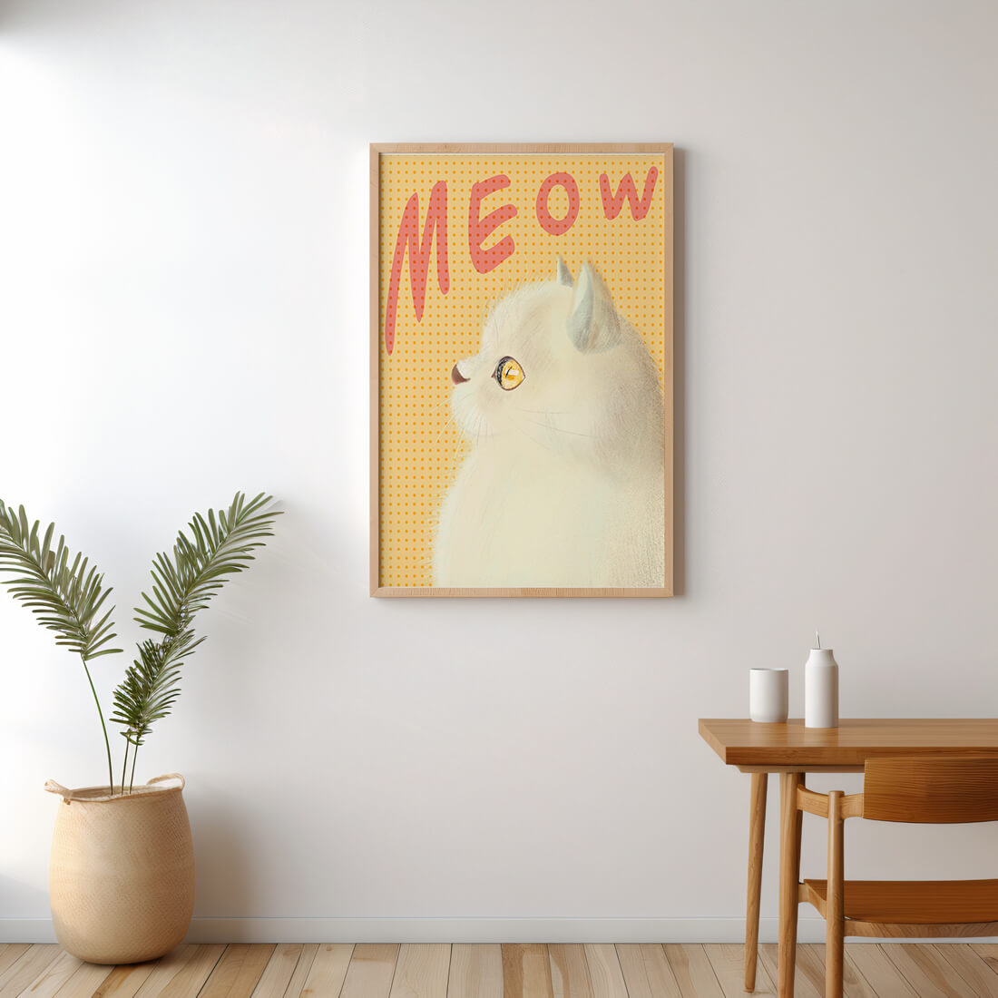 Profile View of a White Cat with Meow Text on Yellow Background