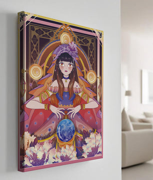 Obra de arte de fantasía con una adivina que tiene una bola de cristal y flores