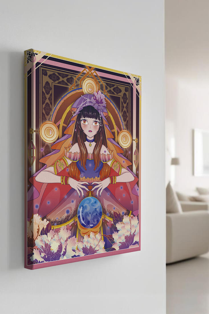 Fantasy Artwork Featuring a Fortune Teller with Crystal Ball and Flowers