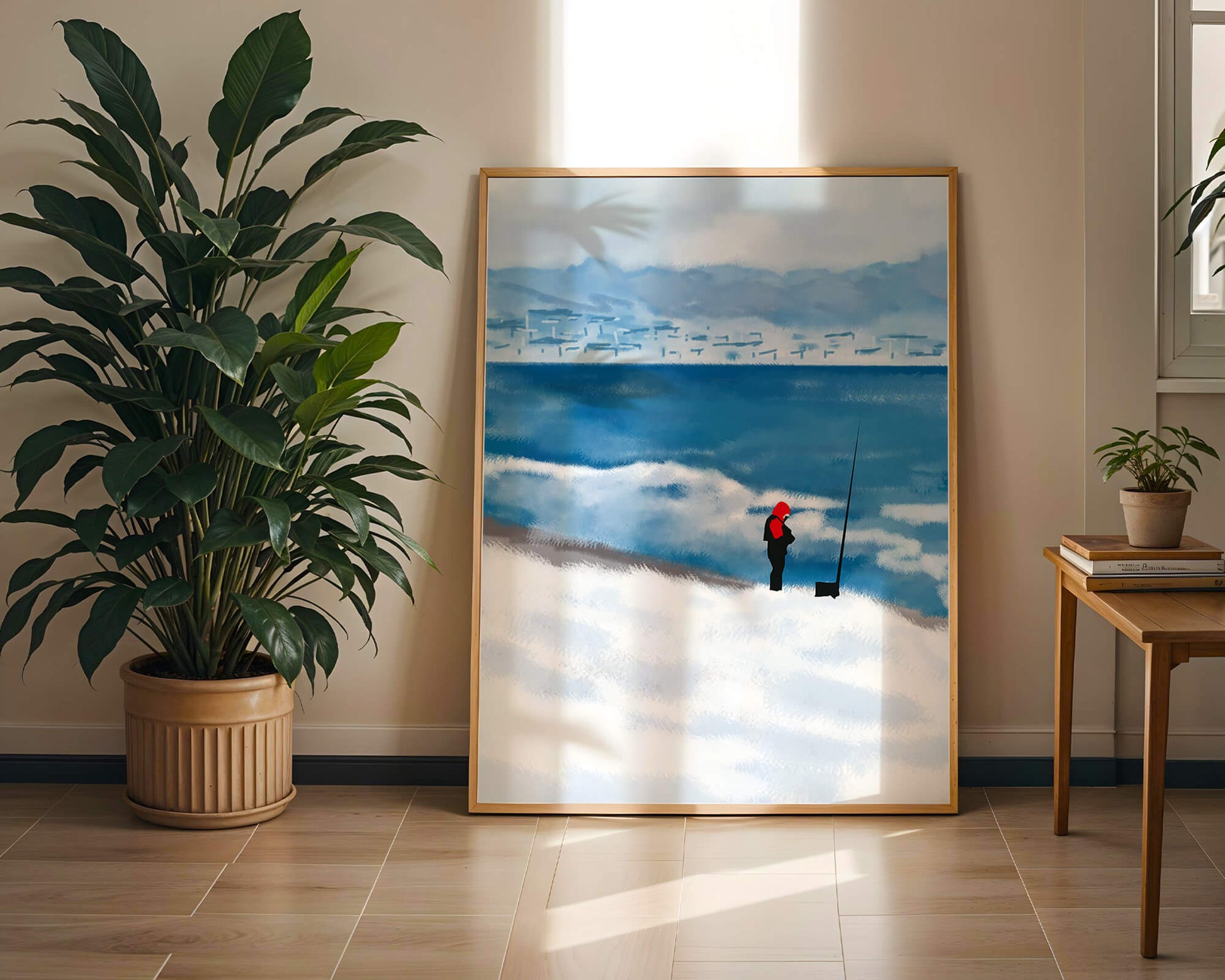 Winterlandschaft mit Person in roter Jacke am Meer