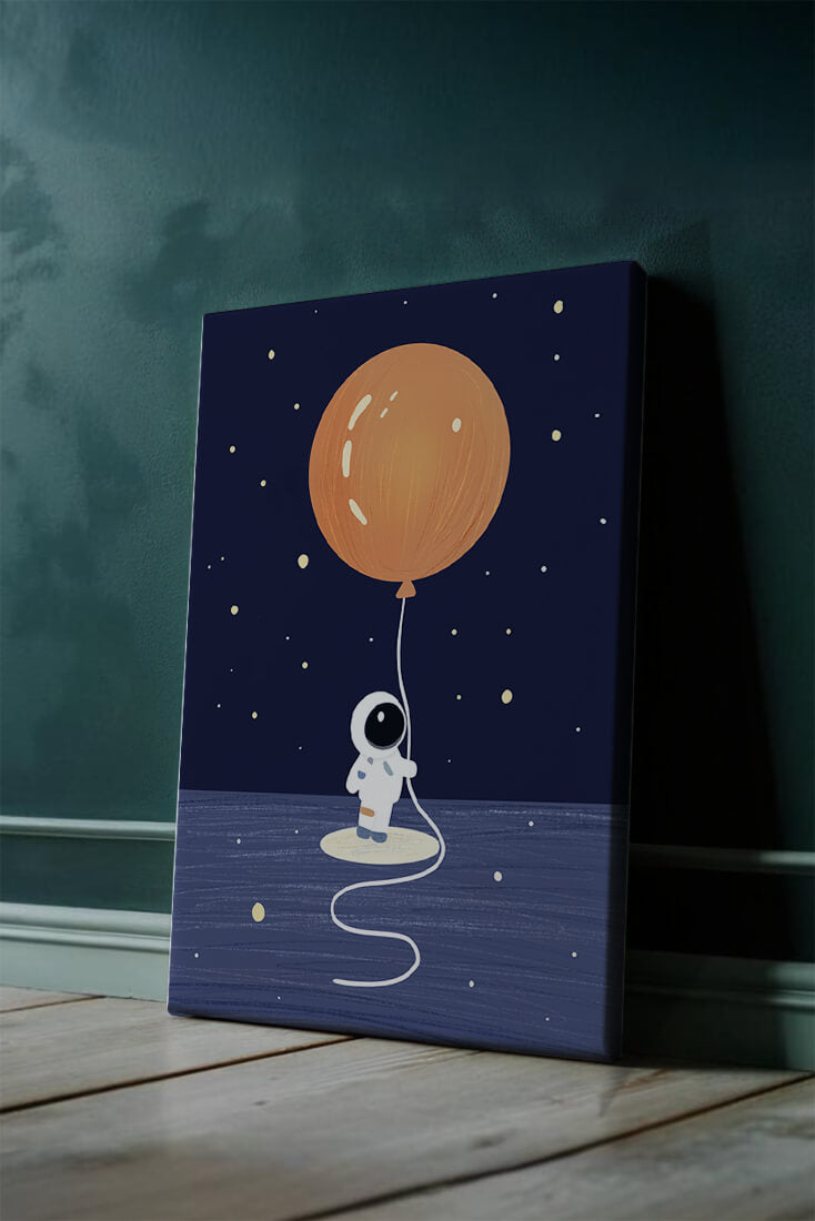 Charming Astronaut Holding Large Orange Balloon Under Starry Sky