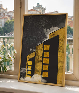 Ilustración arquitectónica artística con elementos dorados y cielo nocturno