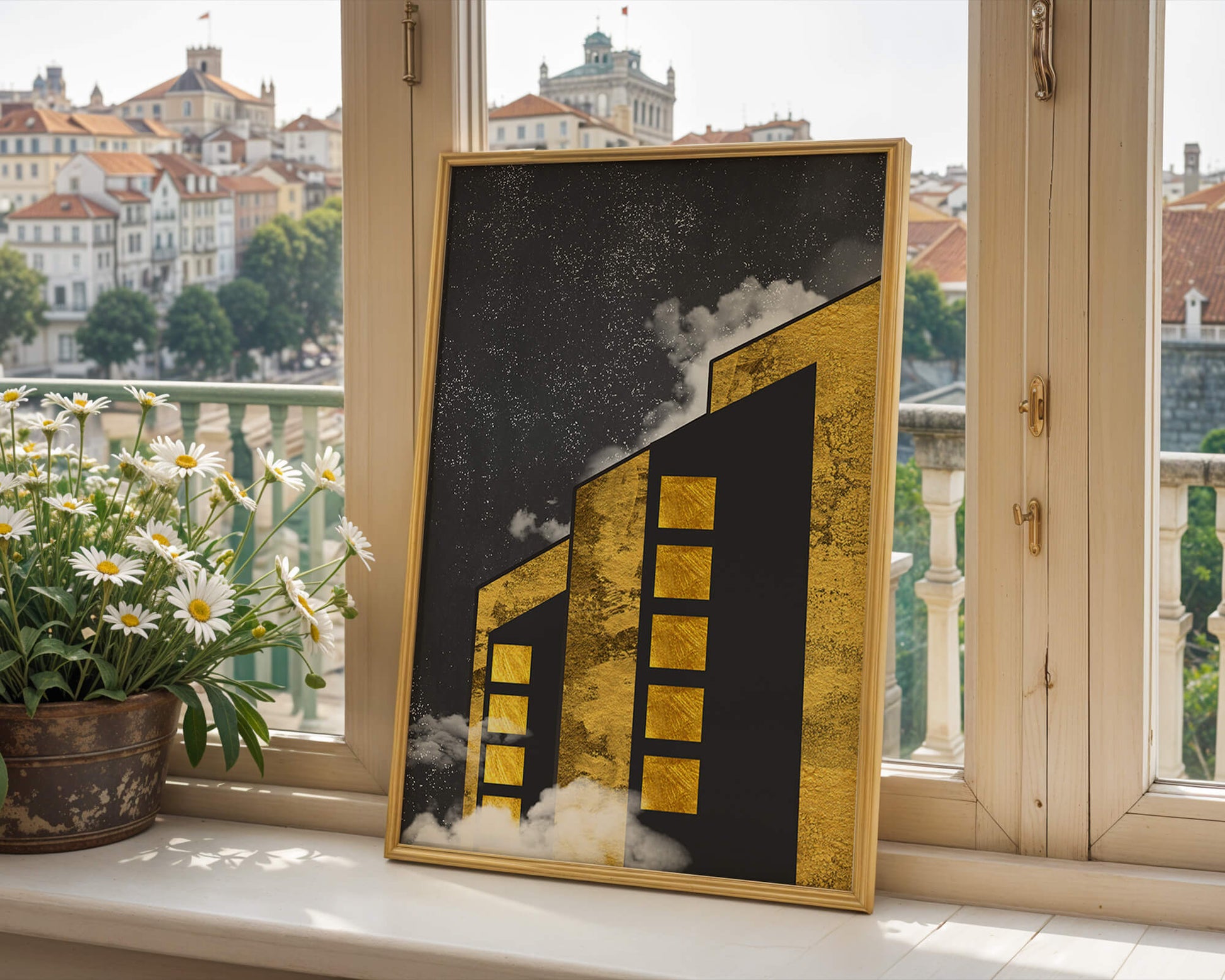 Artistic architectural illustration with golden elements and night sky