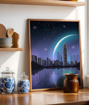 Paisaje urbano futurista bajo un cielo estrellado