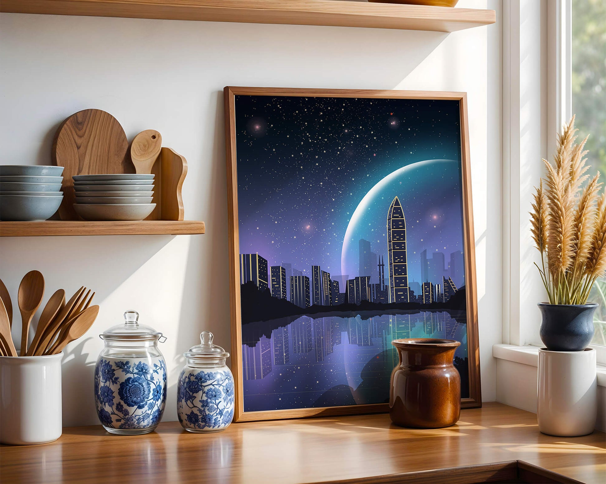 Futuristic cityscape under a starry night sky