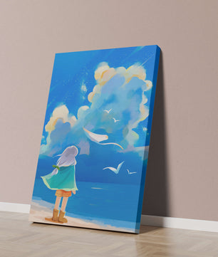 Young person gazing at a vibrant seaside sky with birds flying