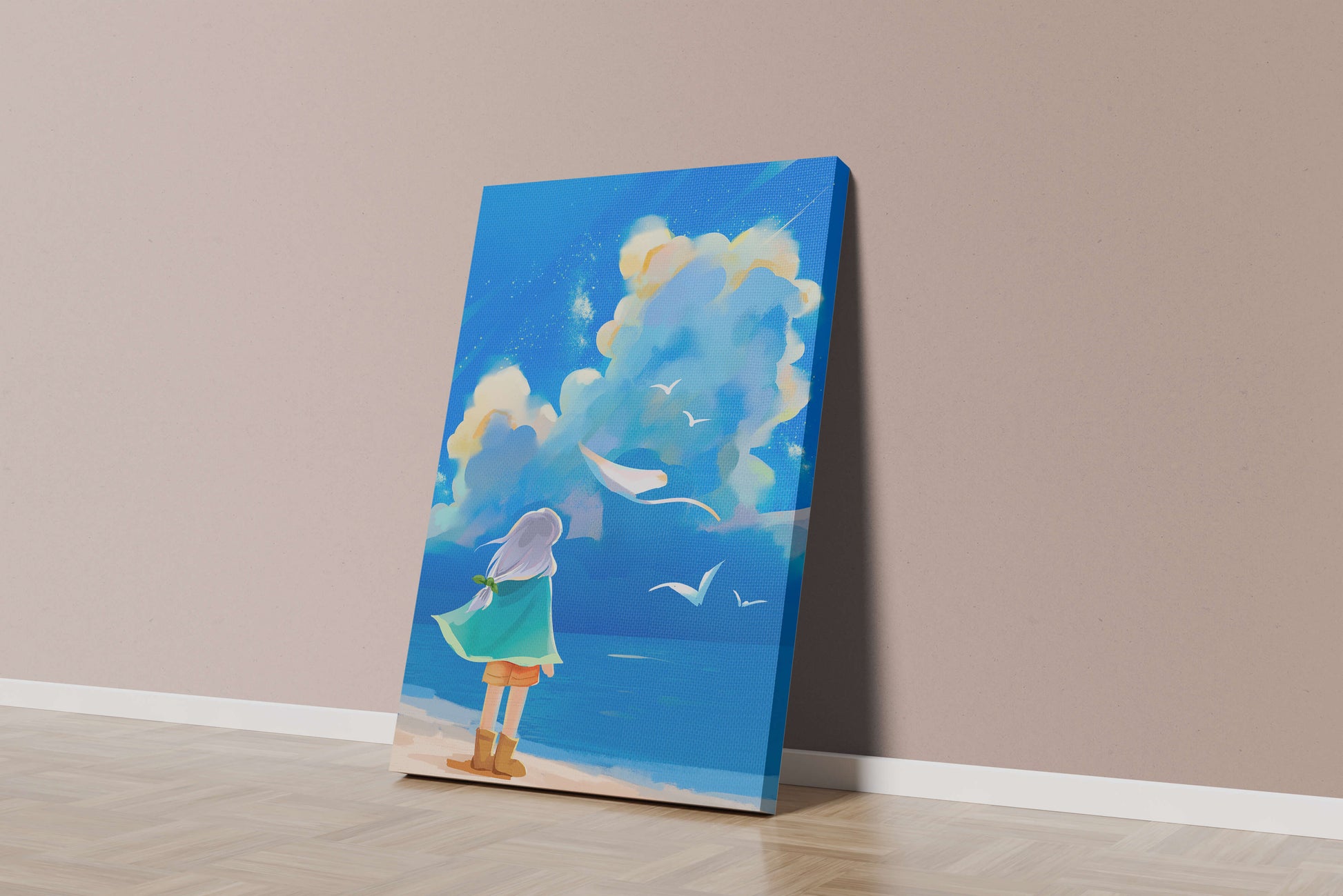 Young person gazing at a vibrant seaside sky with birds flying