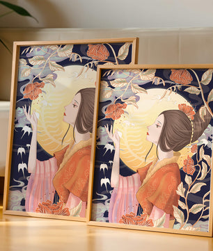 Illustration élégante d'une femme avec des éléments floraux sous la lumière de la lune