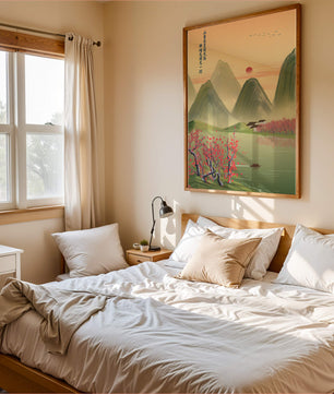 Serene landscape illustration with mountains and cherry blossoms