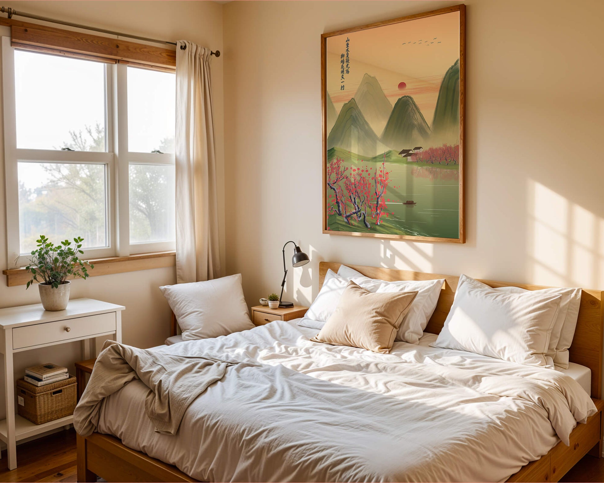 Serene landscape illustration with mountains and cherry blossoms
