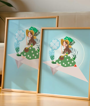 Mujer en un avión de papel con fondo de tema tropical