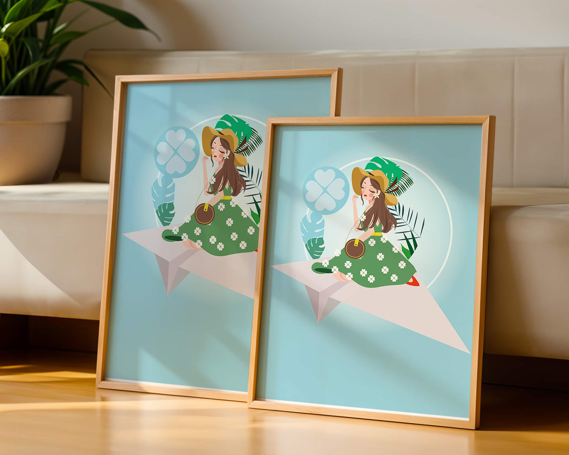 Woman on paper plane with tropical theme background