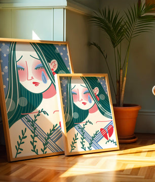 Ilustración de una mujer triste con el corazón roto