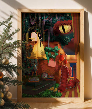 Jardín encantado con hada, serpiente y elementos misteriosos