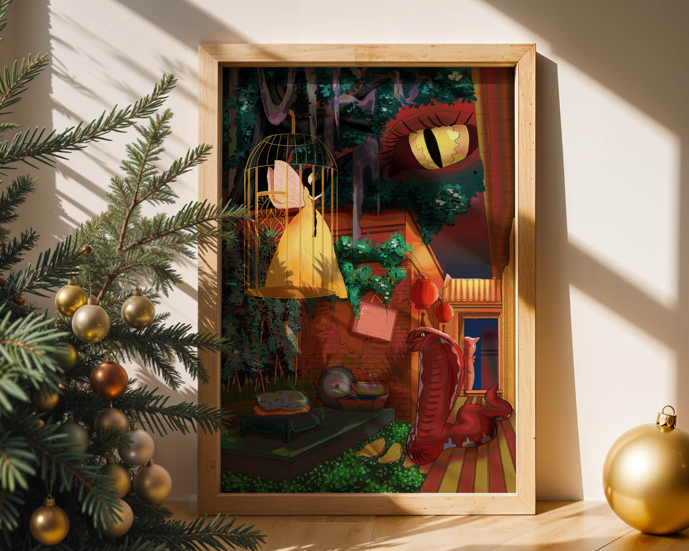 Enchanted garden with fairy, snake, and mysterious elements