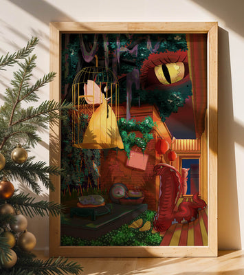 Enchanted garden with fairy, snake, and mysterious elements