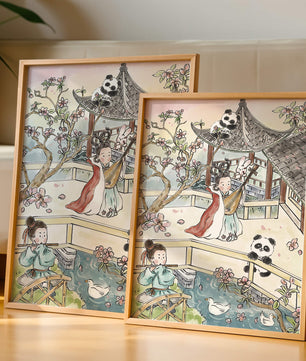Tranquil Asian Garden Scene with Pandas and Blossoms