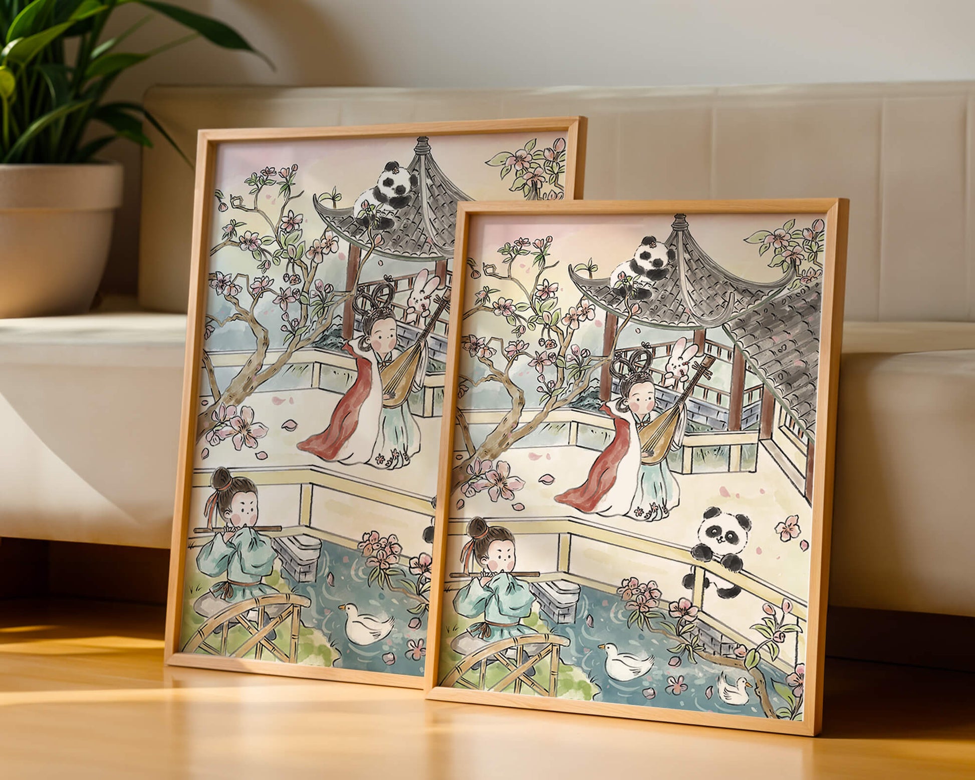 Escena tranquila de jardín asiático con pandas y flores