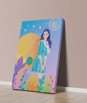 Ilustración de fantasía de una mujer en un jardín cósmico con colores vibrantes