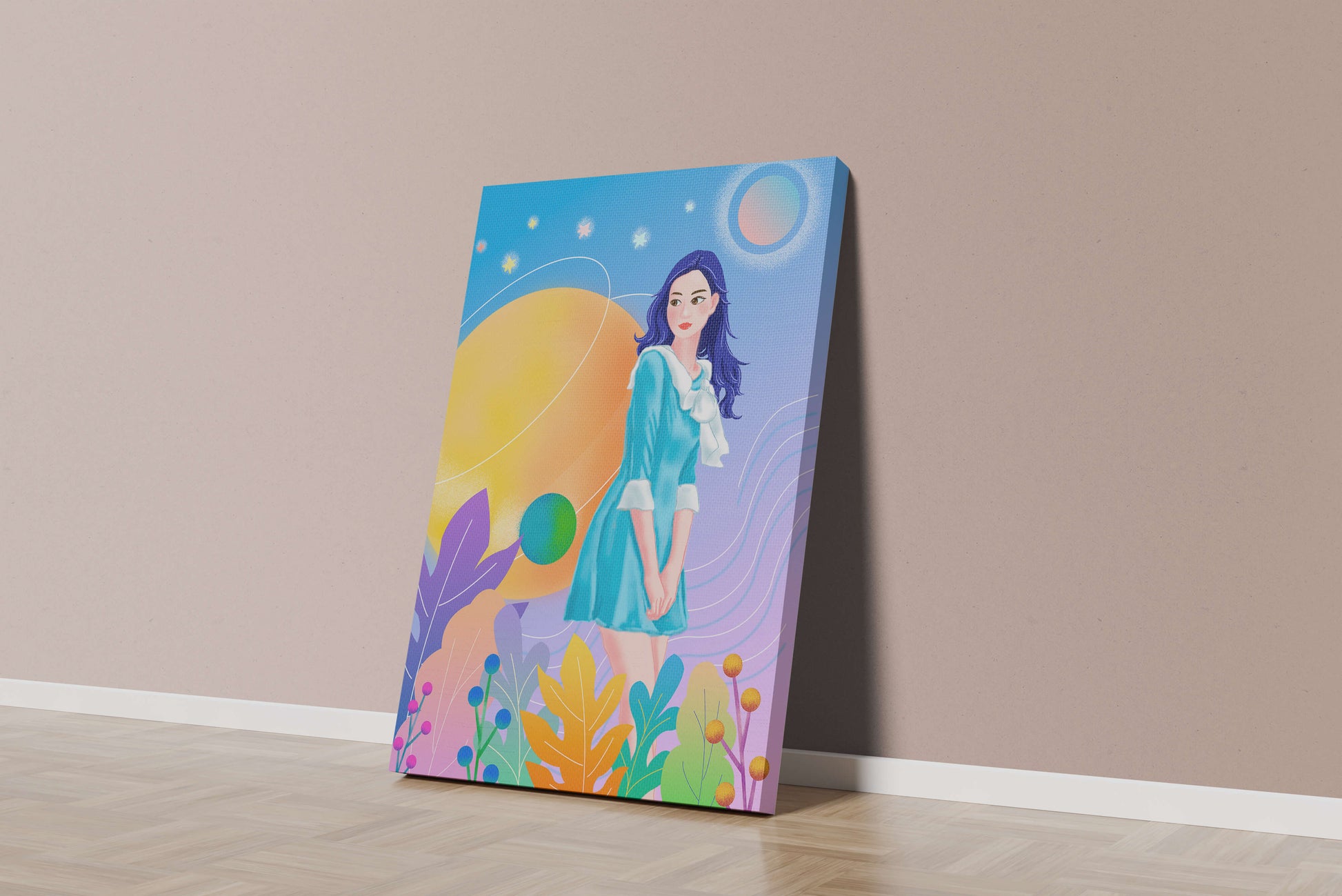 Ilustración de fantasía de una mujer en un jardín cósmico con colores vibrantes