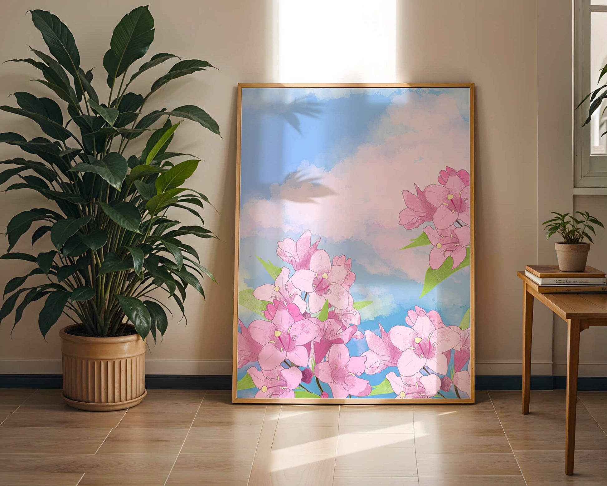 Ilustración de flores rosadas contra un cielo azul vibrante con nubes
