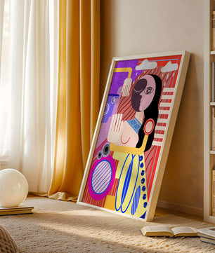 Abstrakte geometrische Kunst mit einer weiblichen Figur in leuchtenden Farben