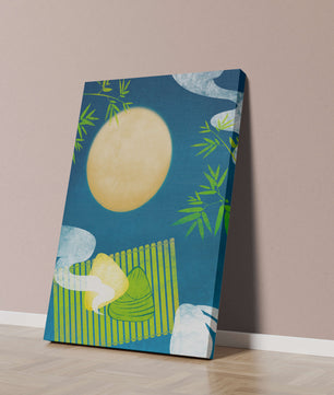 Moonlit night with bamboo and dumplings on a mat