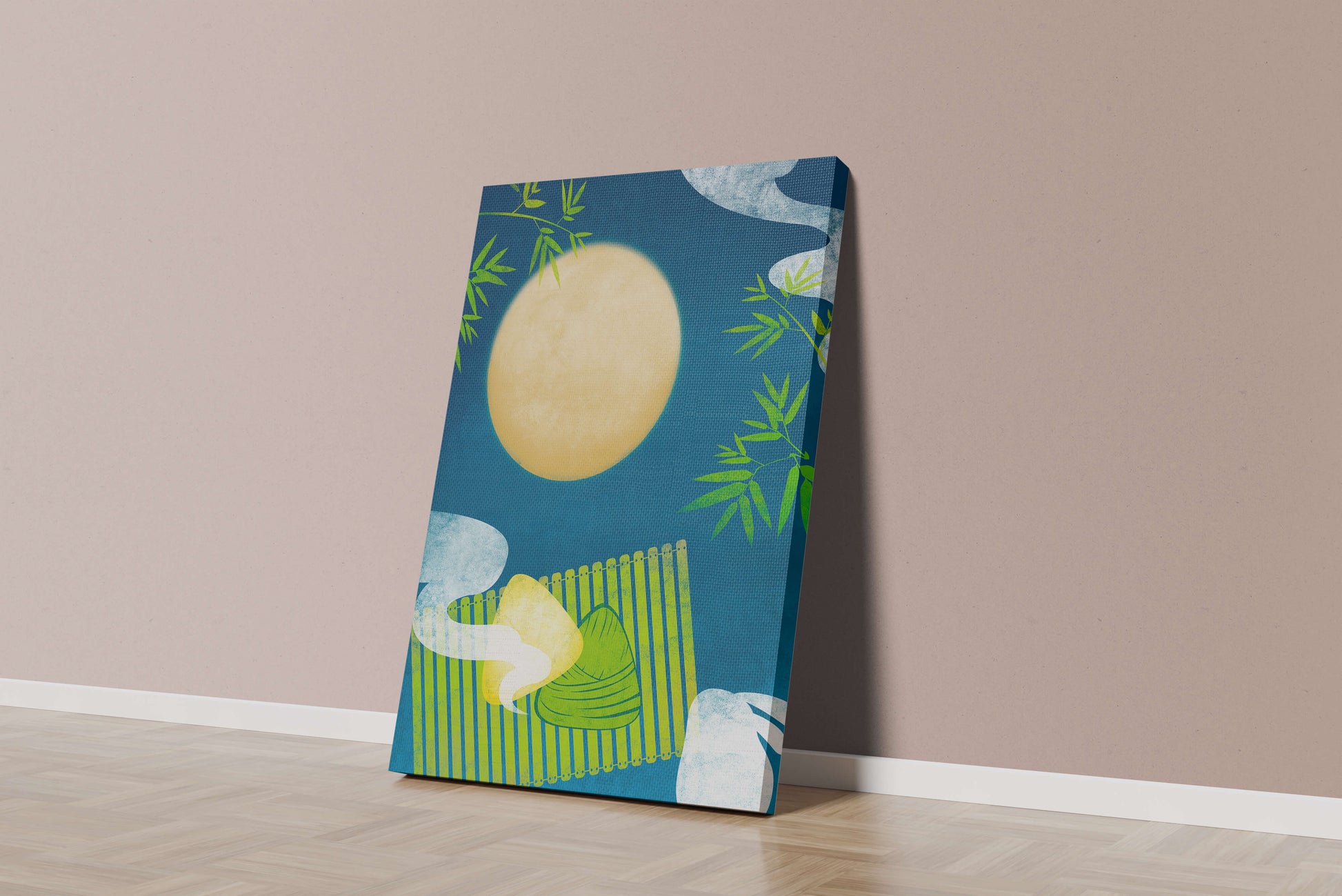 Moonlit night with bamboo and dumplings on a mat