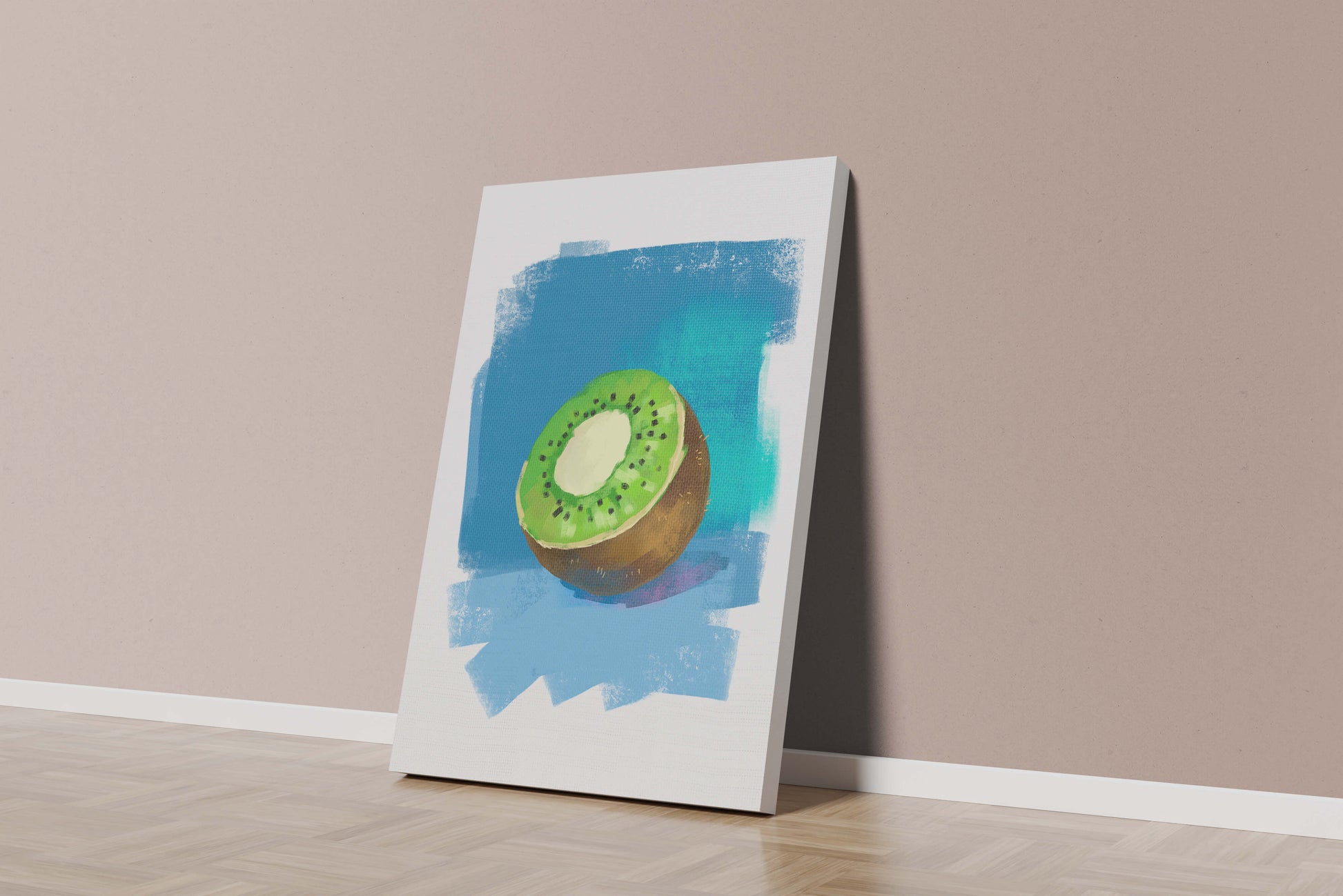 Illustration of a kiwi with a textured blue background