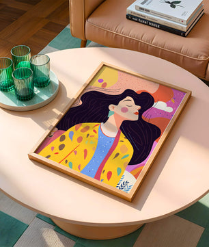 Ilustración colorida de una mujer en estilo artístico con fondo vibrante