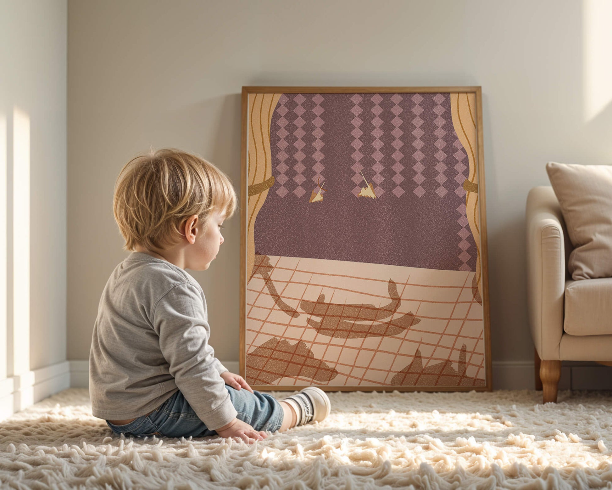 Abstract Interior with Cats' Shadows on Checkered Floor