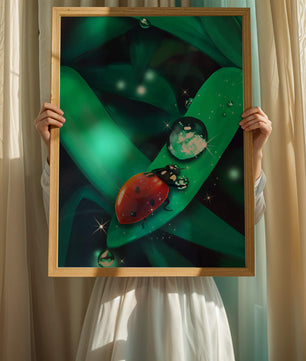 Ladybug on a Leaf with Dew Drops in a Vibrant Nature Scene - Mi tienda