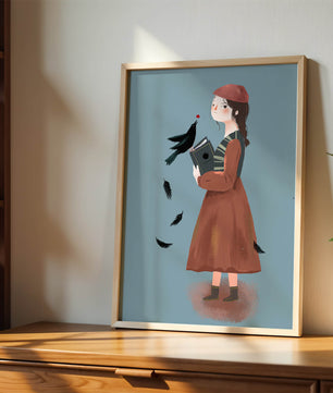 chica en atuendo vintage con pájaro y libro sobre fondo azul