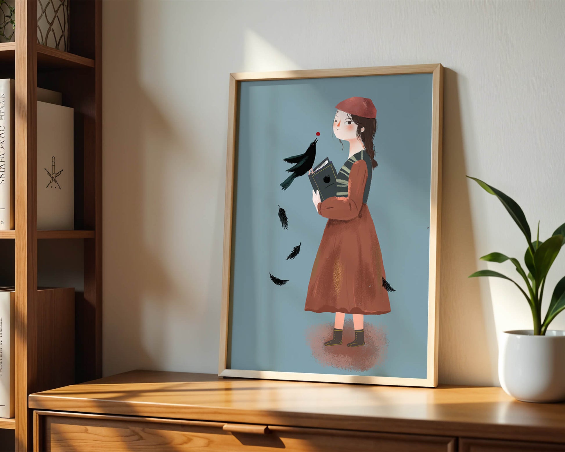 girl in vintage attire with bird and book on blue background