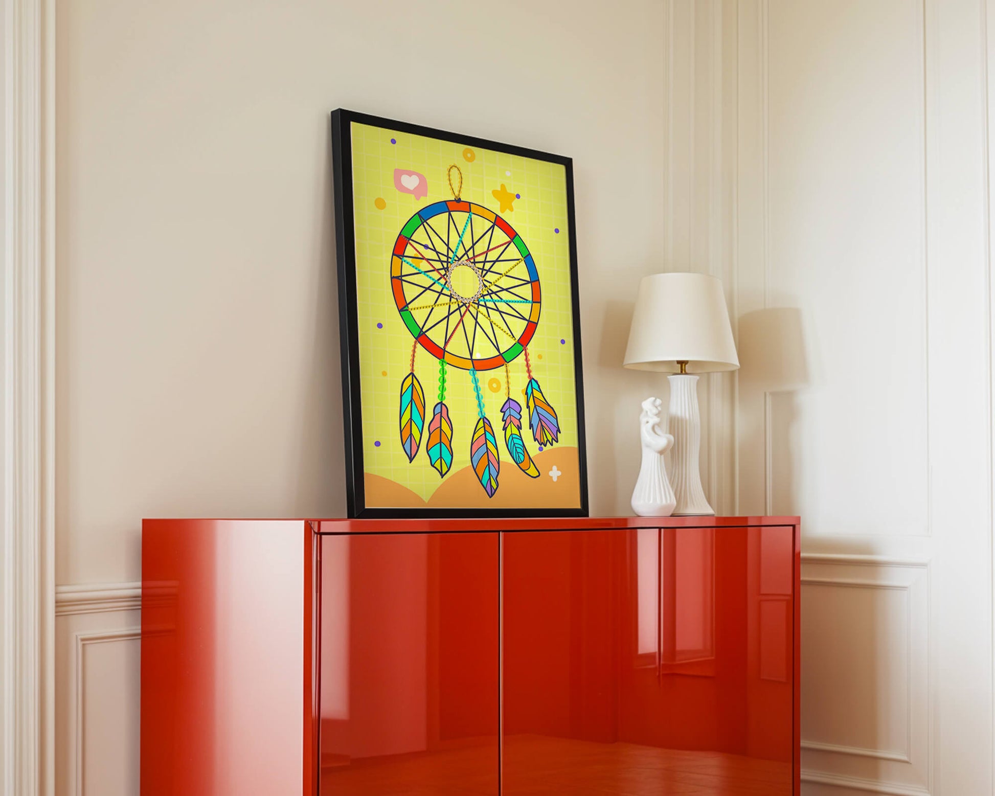 Colorful dreamcatcher on a vibrant yellow background