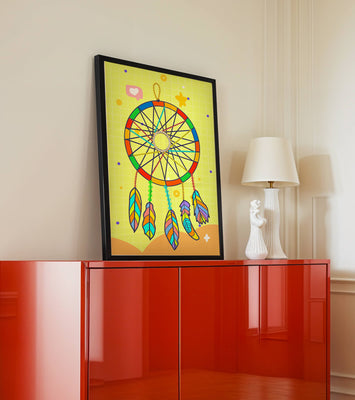 Colorful dreamcatcher on a vibrant yellow background