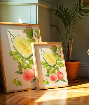 Ilustración de frutas vibrantes que incluye uvas, melón y duraznos
