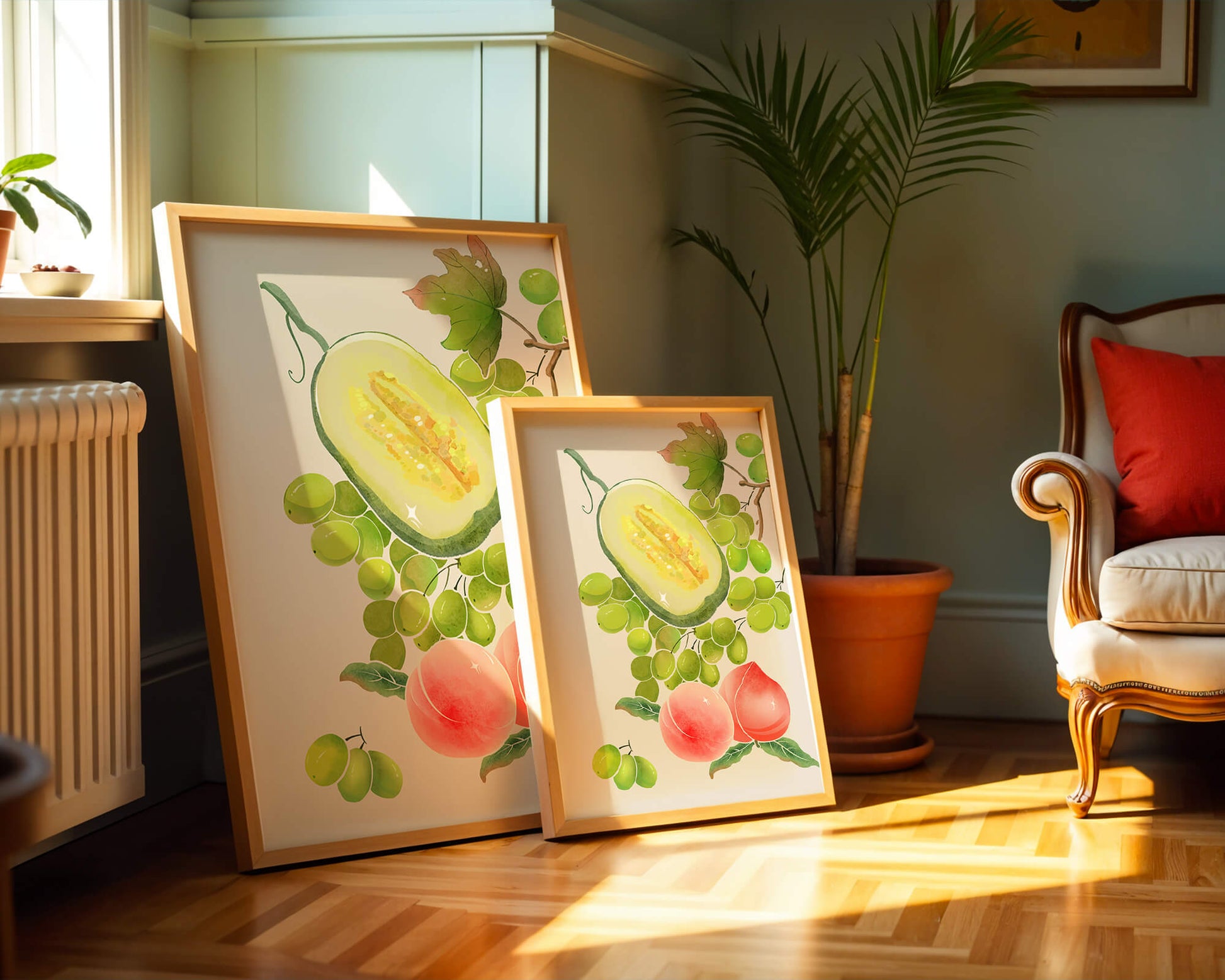 Ilustración de frutas vibrantes que incluye uvas, melón y duraznos