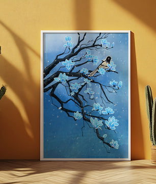 Blue Blossoms on Branch with Bird in Winter Scene