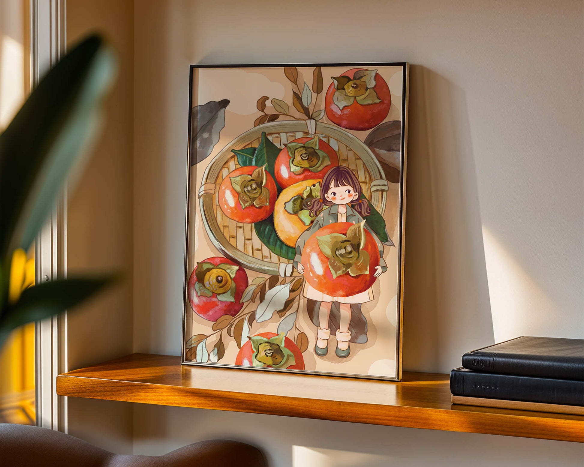 Joven sosteniendo un dátil en una escena de cosecha caprichosa